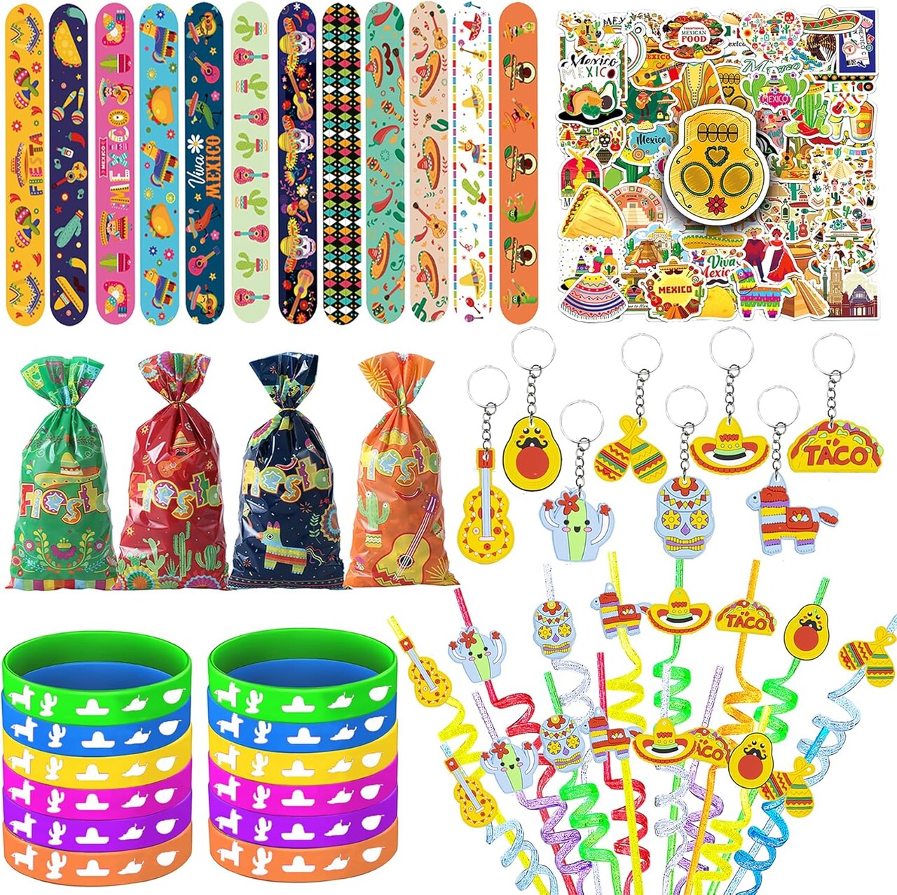 122 PCS Mexican Fiesta Party Favor Set – Slap Bracelets, Silicone Bracelets, Stickers, Glitter Straws, Keychains, Candy Bags & Bubble Wands – Cinco de Mayo Mexican Theme Party Supplies, Piñata Fillers & Gifts – Perfect for Mother's Day Card Making Di